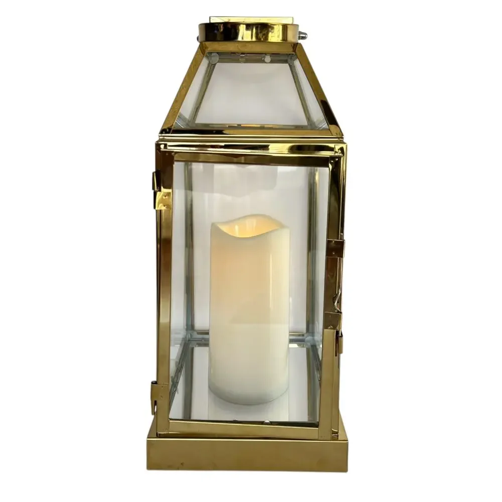 Gold Glass Lantern LED Candle Holder Battery Operated 14” Decorative Lantern